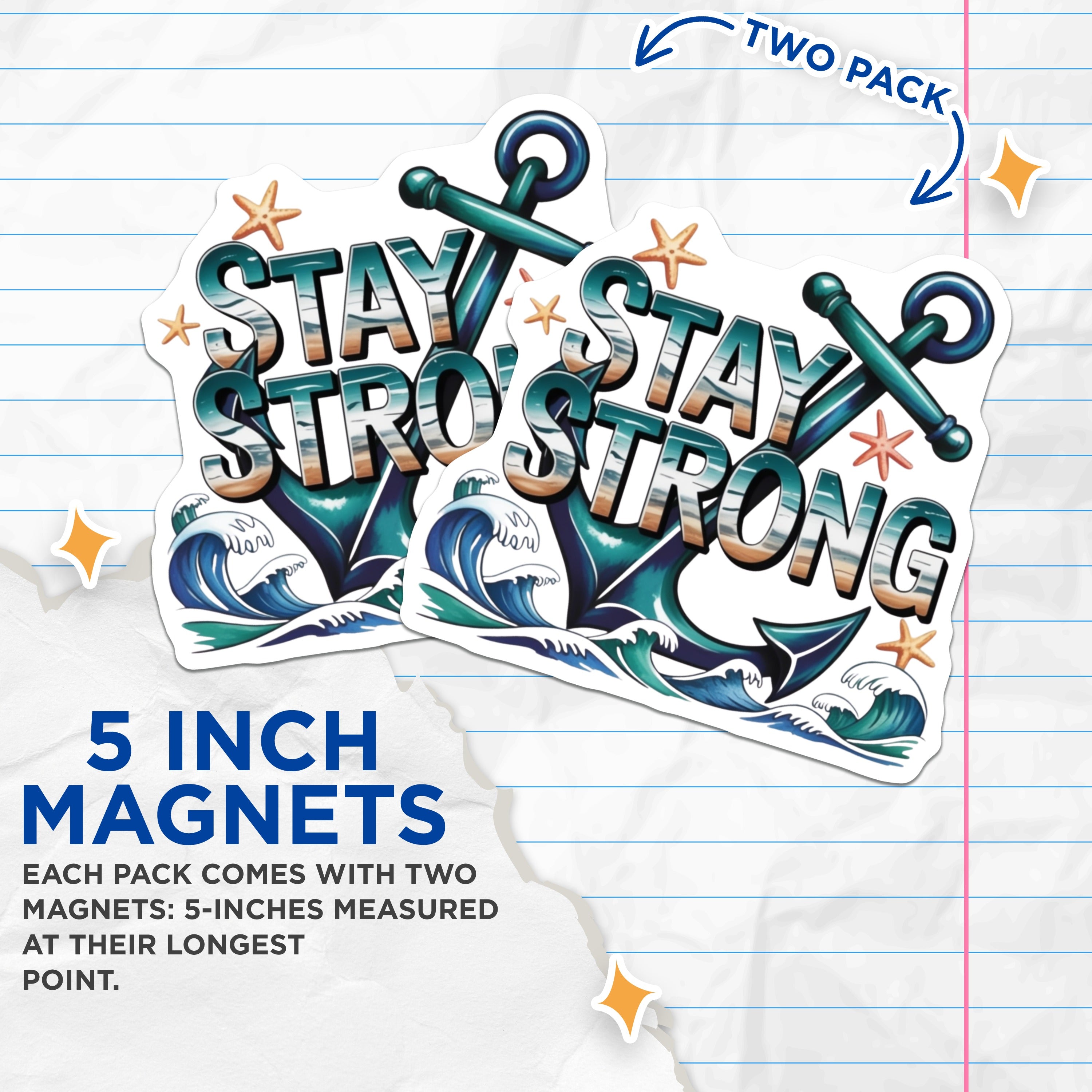 (2 Pack) Stay Strong Anchor Magnets - Ocean Waves Motivation - Beach Vibe Inspirational Home Decor - 5 Inches On Longest Side - Thick Durable Magnet - Made in USA - MAG38385