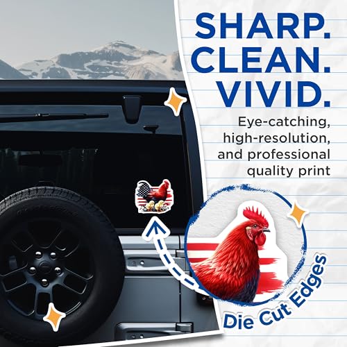 (2 Pack) Patriotic Rooster Chickens Stickers - American Flag - Farm Animal Decals - 5" On Longest Side - Sticks to Smooth Flat Surfaces - Made in USA - BMCS6428