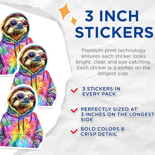 (3 Pack) Sloth Decals - Tie Dye Hoodie - Laptop Decals - 3 Inches On Longest Side - Easy Peel & Apply - Made in USA - 3MCS8280