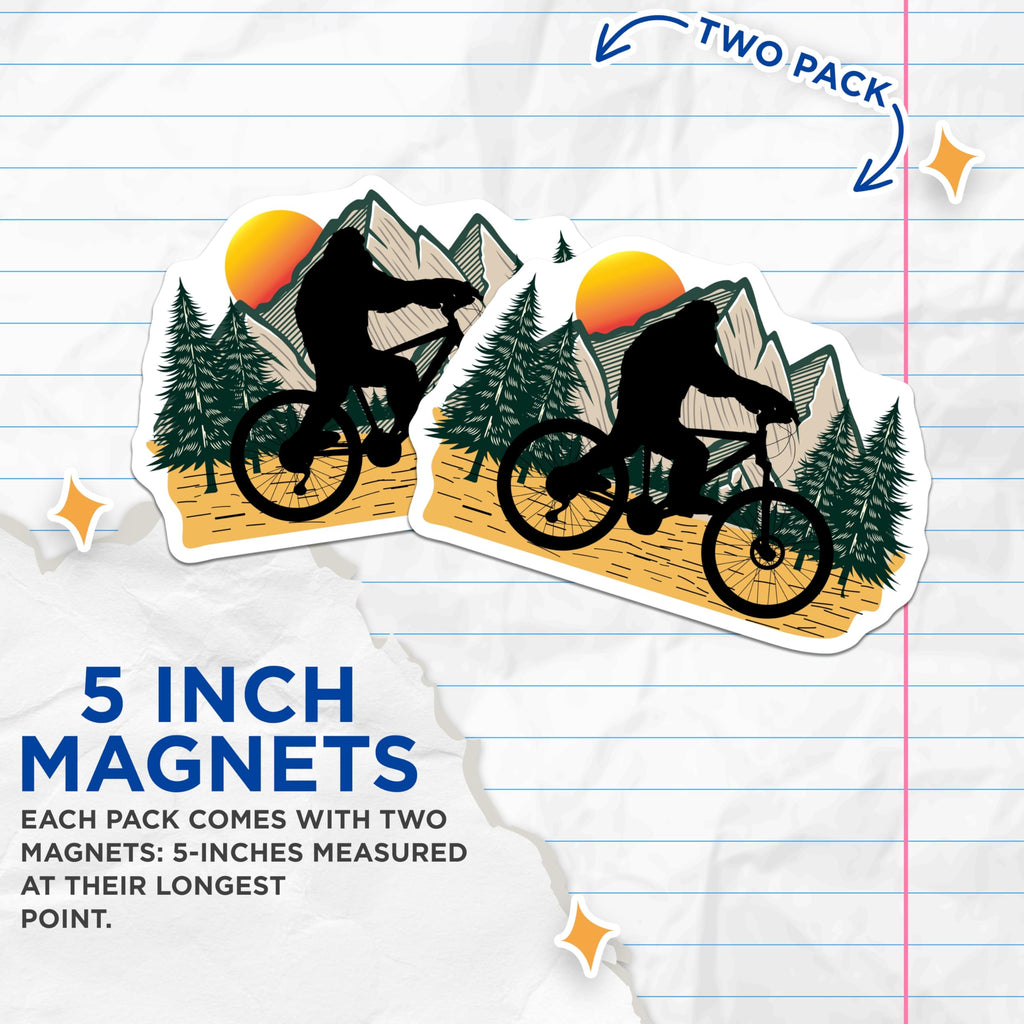 (2 Pack) Bigfoot Mountain Biking Magnets - Sasquatch Cycling Decor - Outdoor Adventure Folklore - 5 Inches On Longest Side - Thick Durable Magnet - Made in USA - MAG20949