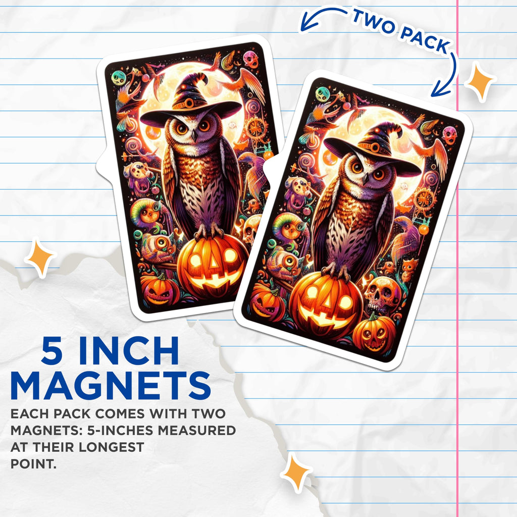 (2 Pack) Halloween Owl Magnets - Witch Hat Owl on Jack O Lantern - Spooky Moon Night Scene - Fantasy Creature Decor - 5 Inches On Longest Side - Thick Durable Magnet - Made in USA - MAG21568