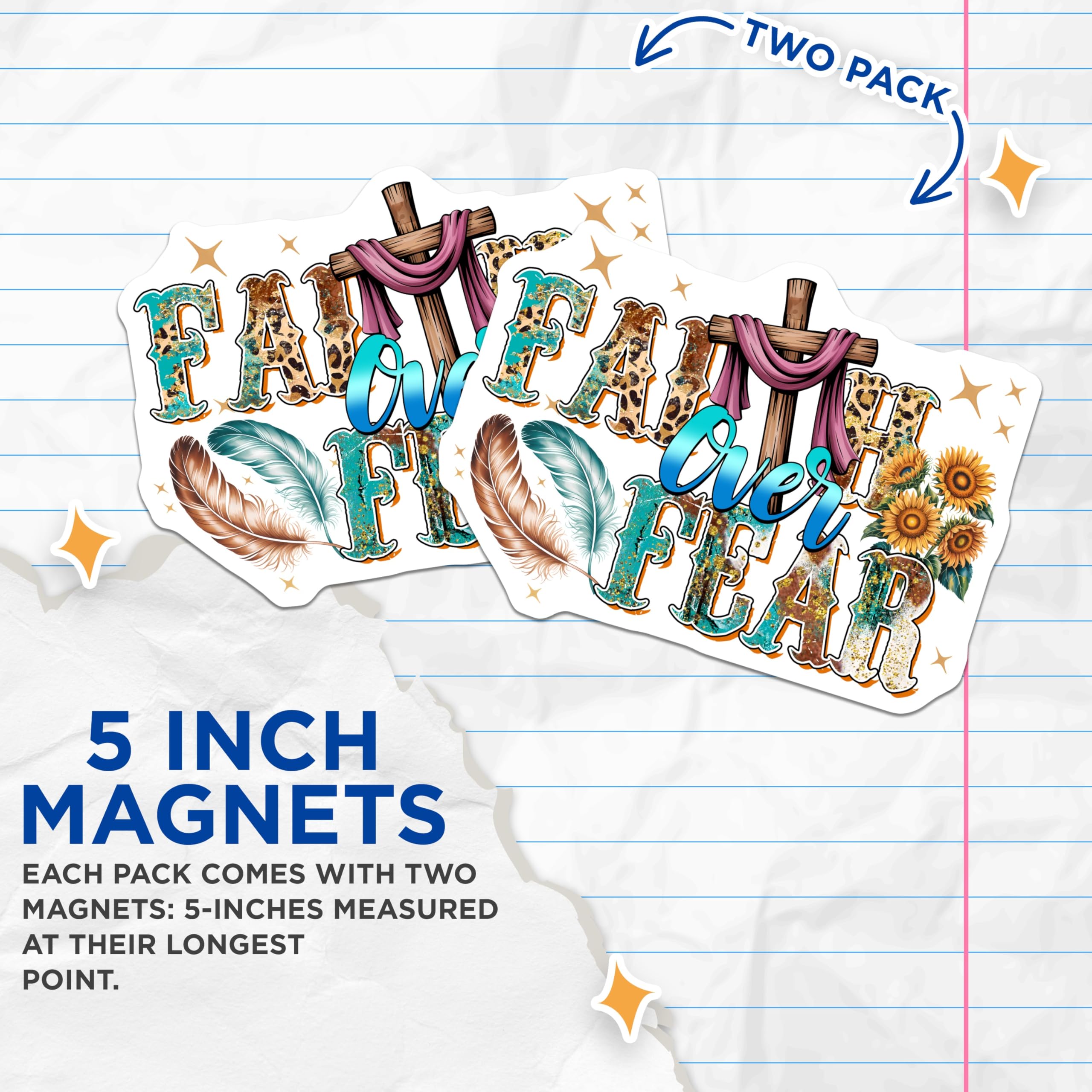 (2 Pack) Faith Over Fear Magnets - Christian Cross Art - Sunflower Feather Religious Gift - 5" On Longest Side - Premium Magnet - for Cars, Refrigerators, Toolboxes, Lockers - Made in USA - MAG16352