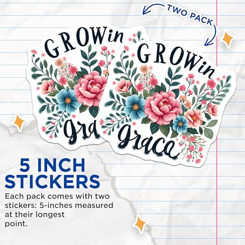 (2 Pack) Grow in Grace Stickers - Floral Inspirational Stickers - Motivational Quotes Stickers for Water Bottles - 5" On Longest Side - Sticks to Smooth Flat Surfaces - Made in USA - BMCS4080