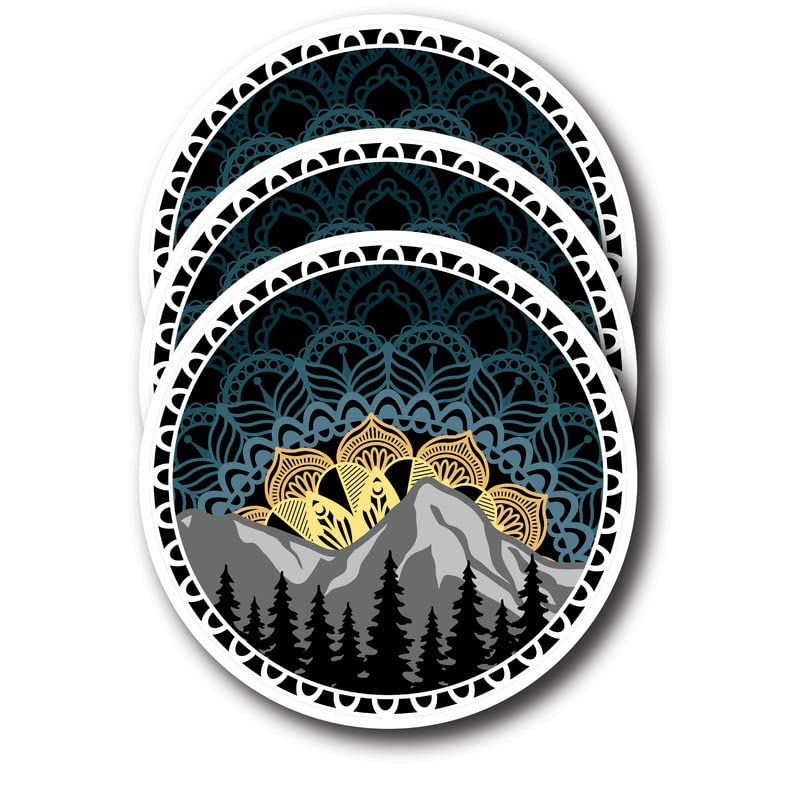 Travel Mandala Adventure Mountains - 3 Pack - Travel Junkie - Mountain Lover - Nature Mandala Colorful Vibrant - 4 inch - Automotive Decal - FBABMCS006