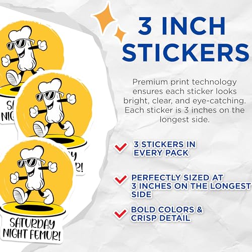 (3 Pack) Saturday Night Femur Decals - Funny Skeleton Decal - Bone Humor - Laptop Decals - 3 Inches On Longest Side - Easy Peel & Apply - Made in USA - 3MCS6404
