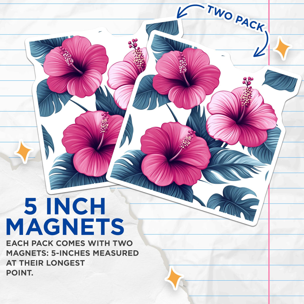 (2 Pack) Hibiscus Magnets - Tropical Flower Home Decor - Hawaiian Floral Botanical Refrigerator Magnet - 5 Inches On Longest Side - Thick Durable Magnet - Made in USA - MAG24083