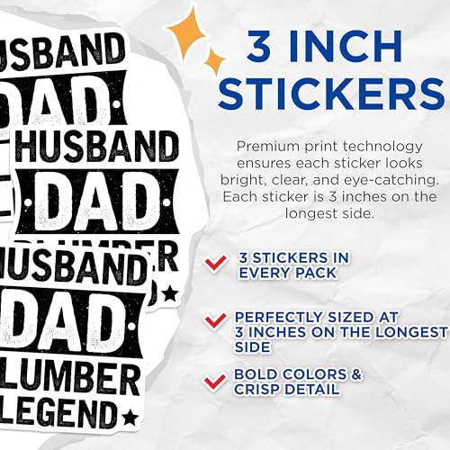 (3 Pack) Husband Dad Plumber Decals - Legend Decal - Funny Decal - 3 Inches On Longest Side - Easy Peel & Apply - Made in USA - 3MCS4924