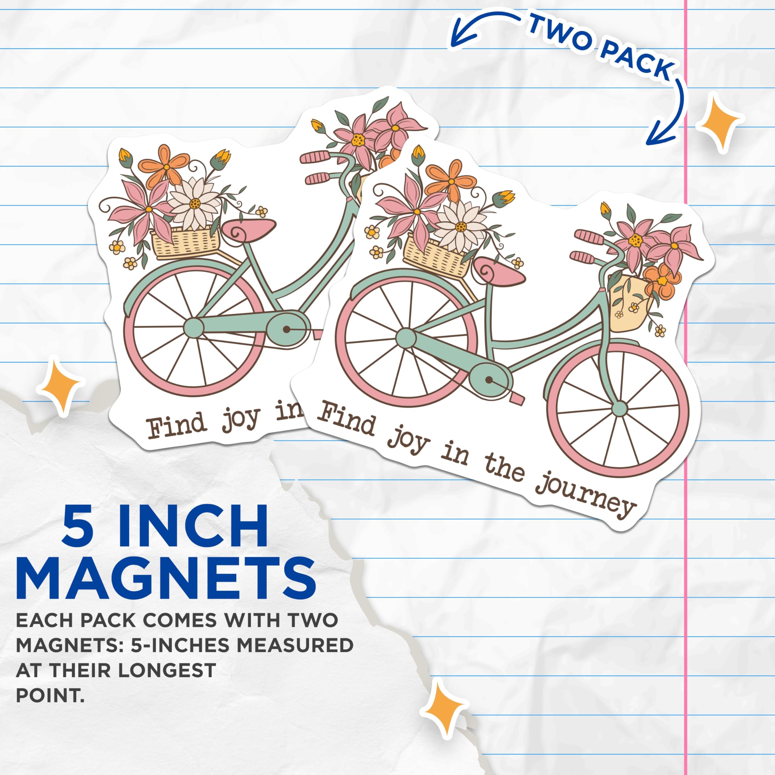 (2 Pack) Bicycle with Flowers Magnets - Bike Decor - Find Joy in Journey - 5" On Longest Side - Premium Magnet - for Cars, Refrigerators, Toolboxes, Lockers - Made in USA - MAG17630