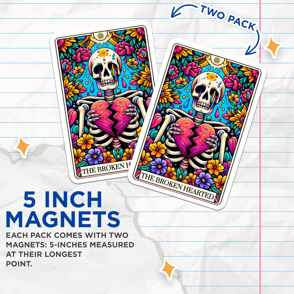 (2 Pack) Broken Heart Skeleton Magnets - Dia de Los Muertos Style Art - Vibrant Floral Gothic Refrigerator Decor - 5 Inches On Longest Side - Thick Durable Magnet - Made in USA - MAG28719