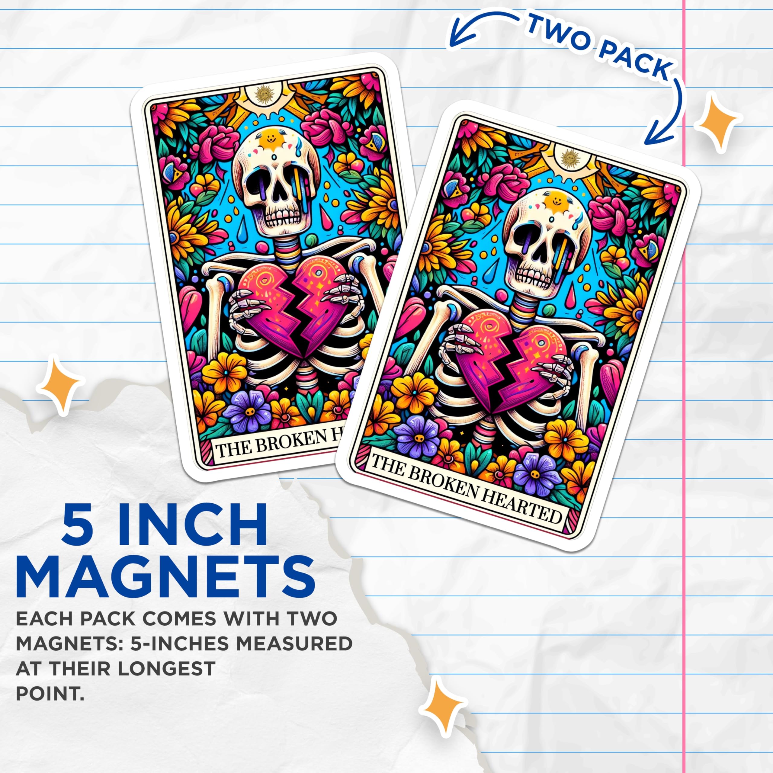 (2 Pack) Broken Heart Skeleton Magnets - Dia de Los Muertos Style Art - Vibrant Floral Gothic Refrigerator Decor - 5 Inches On Longest Side - Thick Durable Magnet - Made in USA - MAG28719