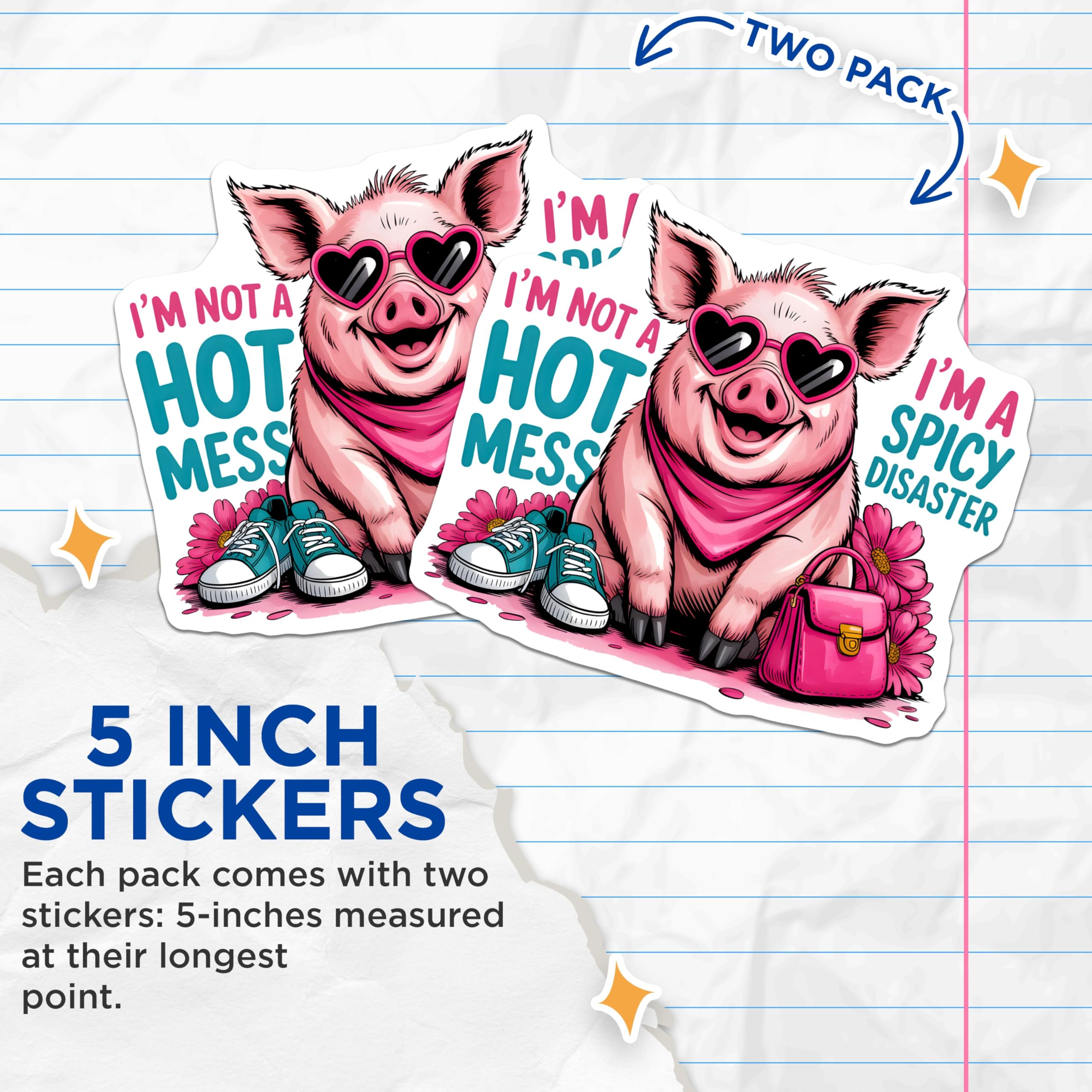 (2 Pack) Spicy Disaster Pig Stickers - Funny Pig Quote - Trendy Design Stickers- 5" On Longest Side - Sticks to Smooth Flat Surfaces - Made in USA - BMCS16228