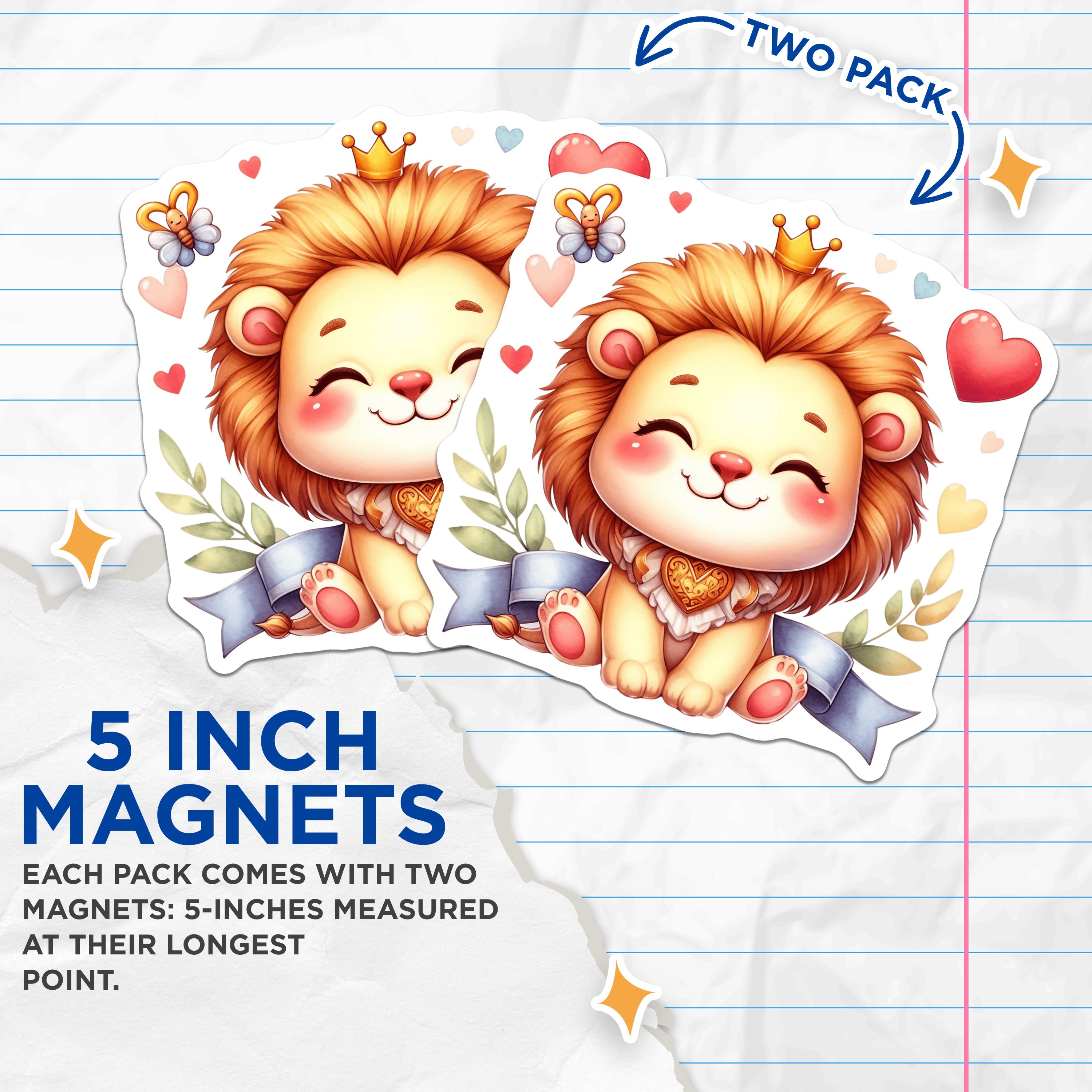 (2 Pack) Cute Lion Cub Magnets - Royal Baby Nursery Decor - Adorable Animal Fridge Magnets - 5 Inches On Longest Side - Thick Durable Magnet - Made in USA - MAG39668