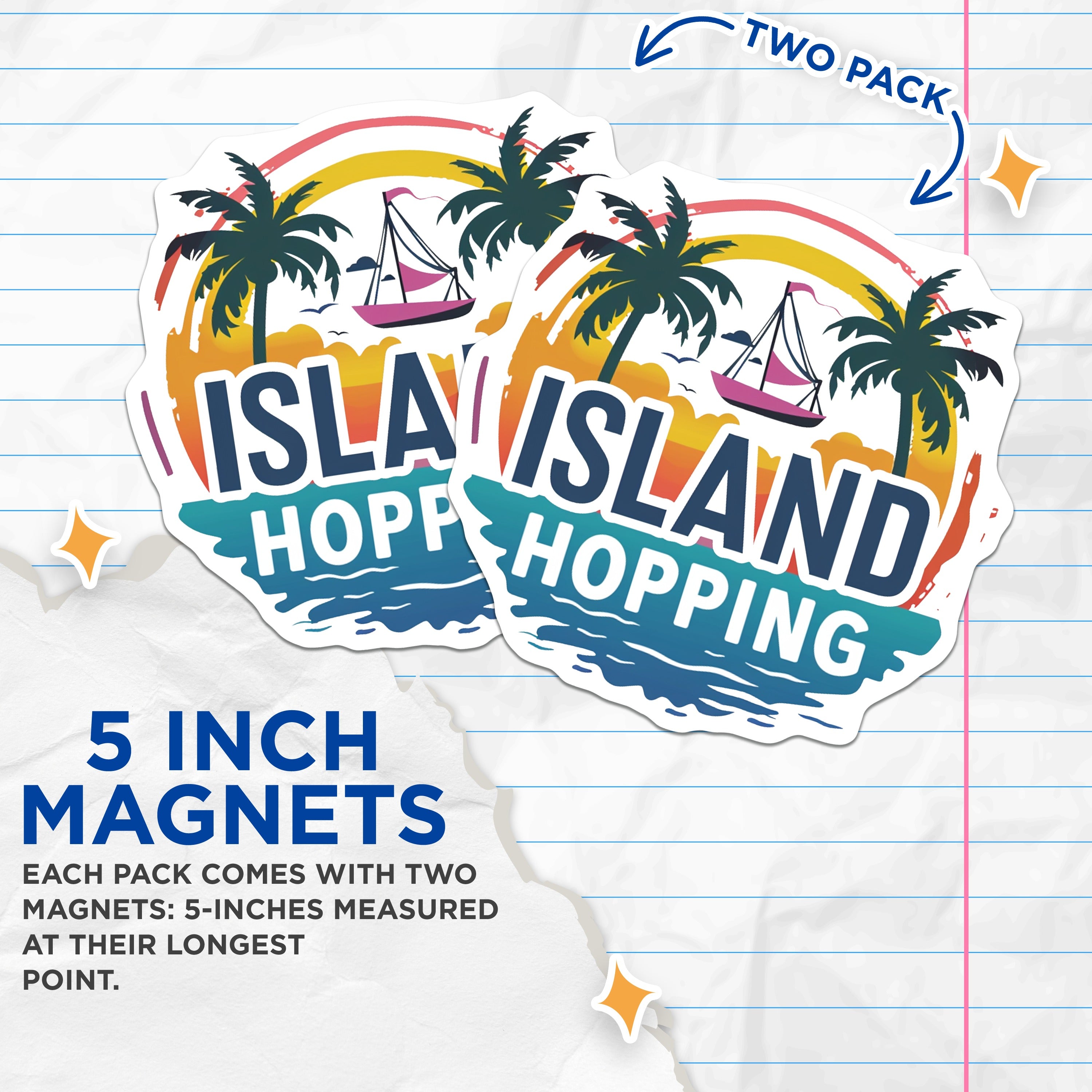(2 Pack) Island Hopping Magnets - Tropical Travel Decor - Summer Vacation Souvenir - Beach Vibe Refrigerator Accessories - 5 Inches On Longest Side - Thick Durable Magnet - Made in USA - MAG37078