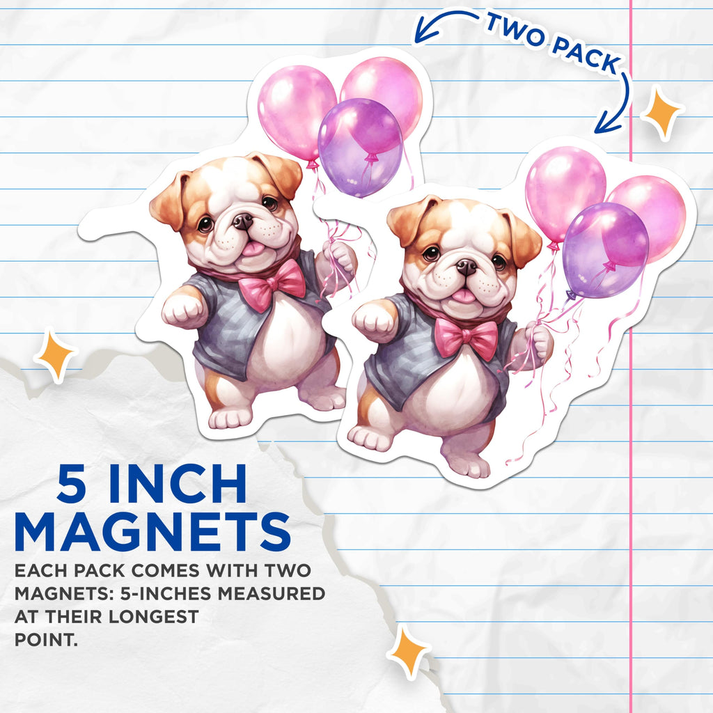 (2 Pack) Bulldog Magnets - Balloon Animal Decor - Cute Puppy Illustration - 5" On Longest Side - Premium Magnet - for Cars, Refrigerators, Toolboxes, Lockers - Made in USA - MAG16649
