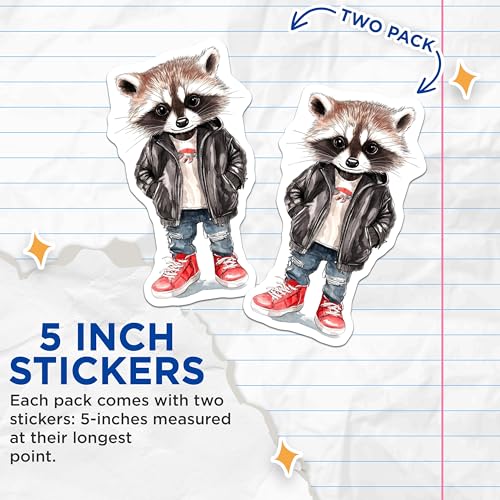 (2 Pack) Cute Raccoon Stickers - Cool Animal Sticker - Cartoon Raccoon Art Decals for Laptops or Water Bottles - 5" On Longest Side - Sticks to Smooth Flat Surfaces - Made in USA - BMCS9519
