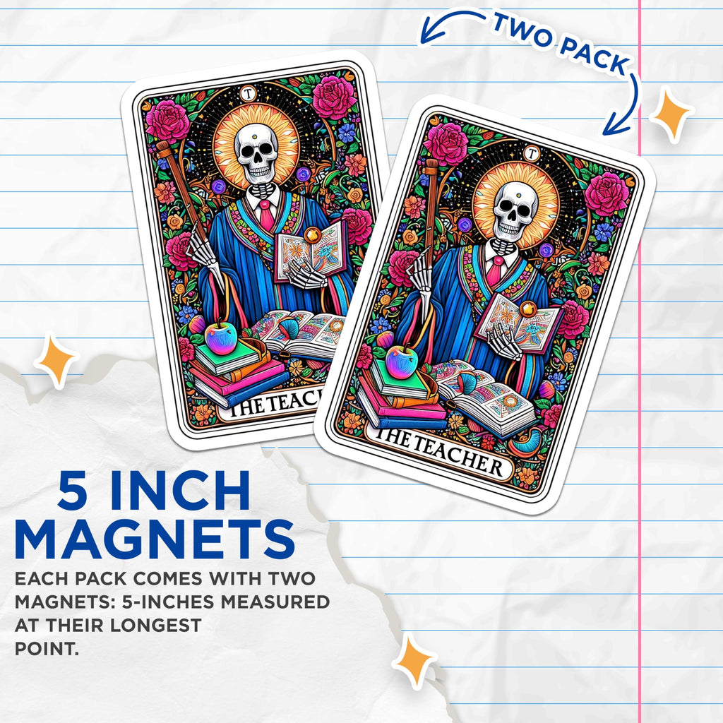 (2 Pack) Teacher Appreciation Magnets - Skeleton Educator Decor - Tarot Style Classroom Art - Mentor Thank You - 5 Inches On Longest Side - Thick Durable Magnet - Made in USA - MAG30045