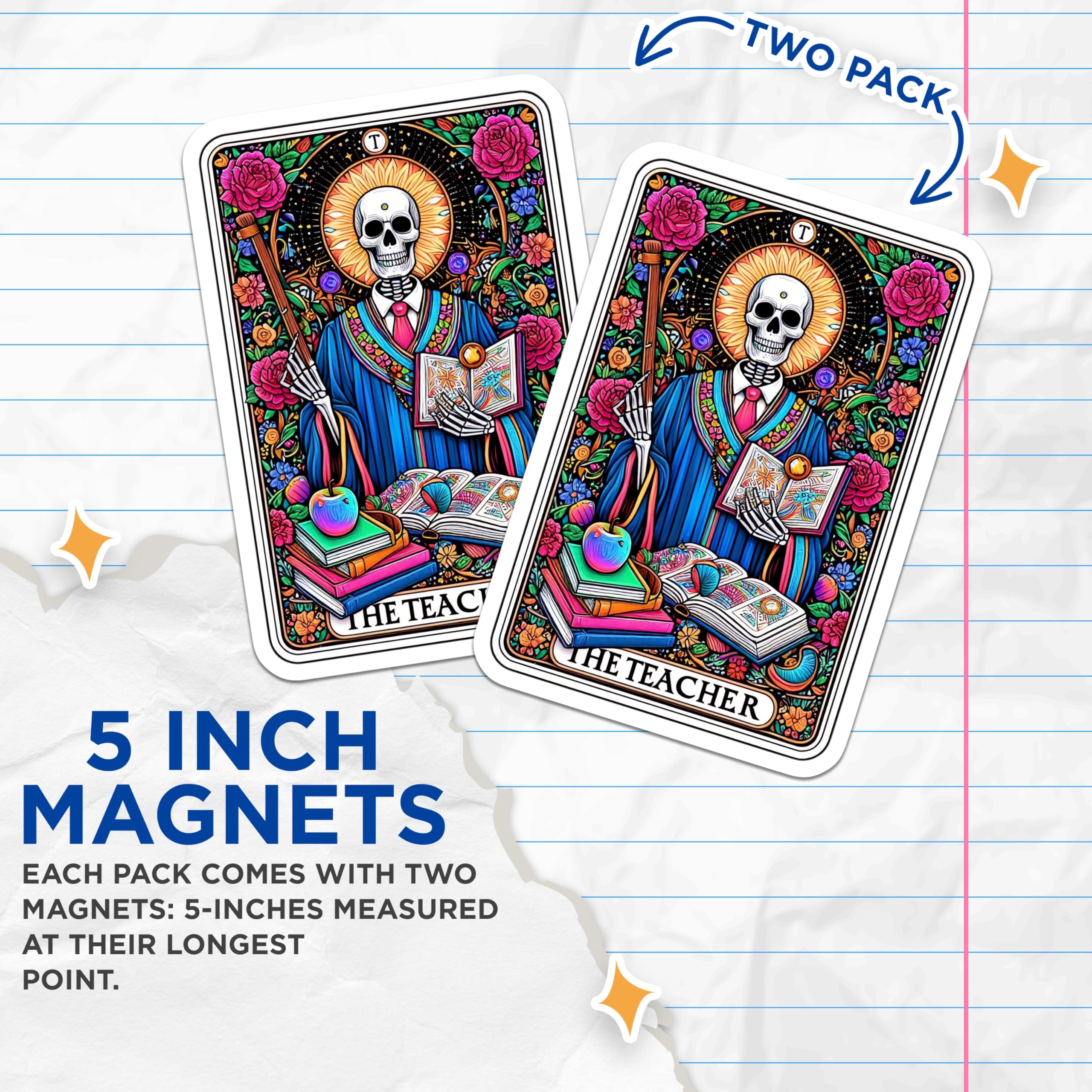 (2 Pack) Teacher Appreciation Magnets - Skeleton Educator Decor - Tarot Style Classroom Art - Mentor Thank You - 5 Inches On Longest Side - Thick Durable Magnet - Made in USA - MAG30045