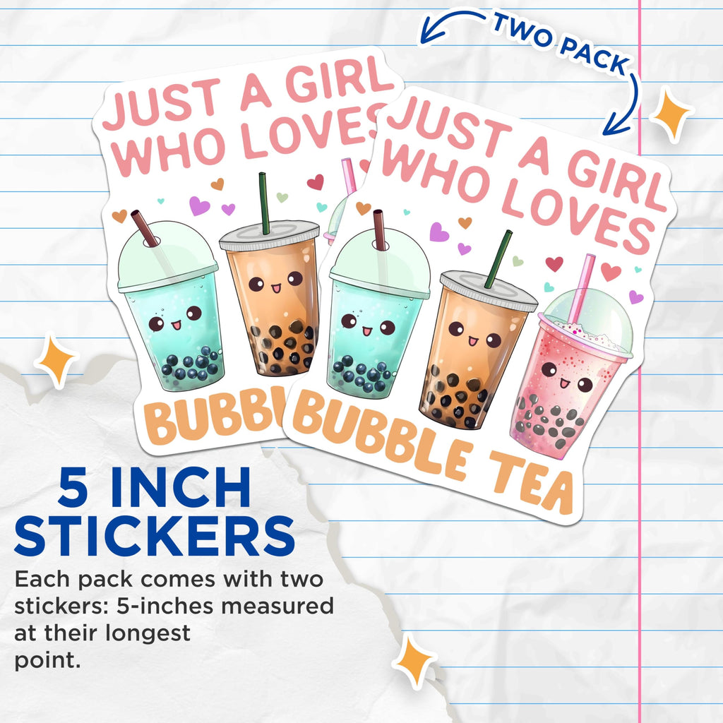 (2 Pack) Just a Girl Who Loves Bubble Tea Stickers - Cute Bubble Tea - Kawaii Boba Tea - 5" On Longest Side - Sticks to Smooth Flat Surfaces - Made in USA - BMCS7757