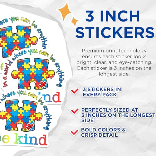 (3 Pack) Autism Awareness Decals - Puzzle Piece Kindness - Laptop Decals - 3 Inches On Longest Side - Easy Peel & Apply - Made in USA - 3MCS7360