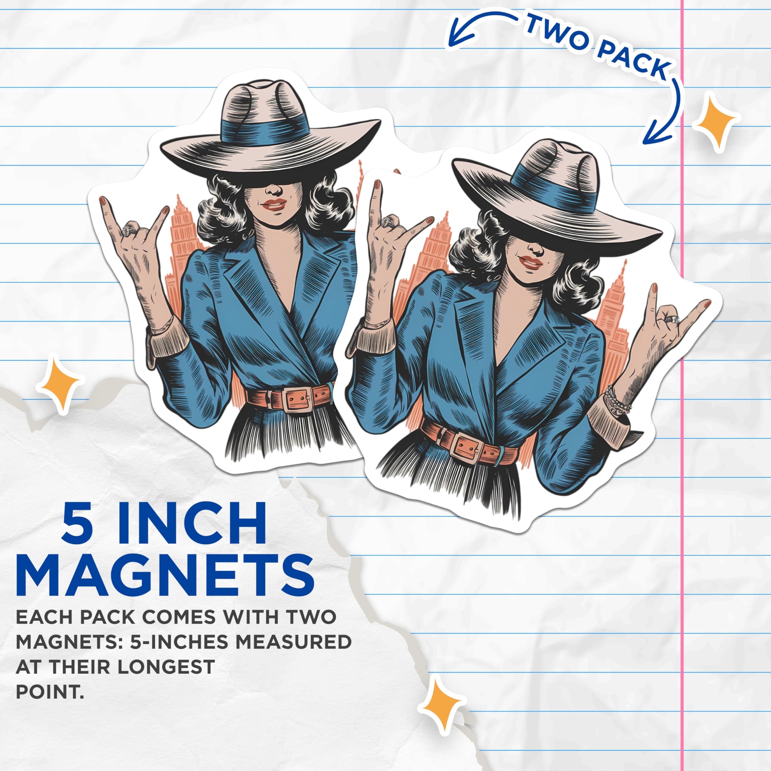 (2 Pack) Rock On Lady Magnets - Pop Art Woman - Urban Style Decor - 5 Inches On Longest Side - Thick Durable Magnet - Made in USA - MAG20248