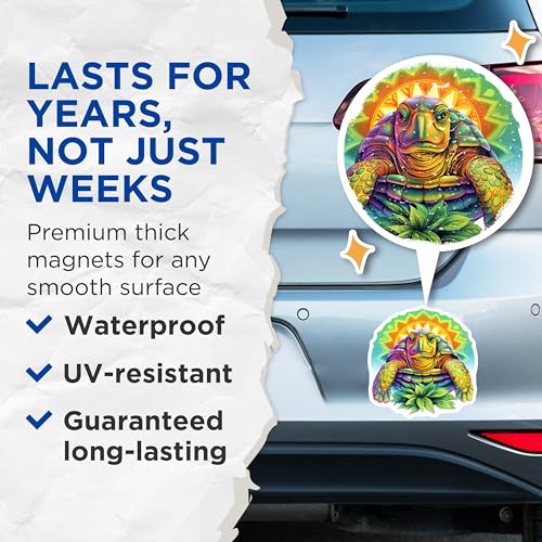 (2 Pack) Colorful Turtle Magnets - Sunshine Art - Abstract Sea Turtle - Nature Inspired Ative Magnets - 5" On Longest Side - for Cars, Fridges, Toolboxes - Made in USA - MAG4069