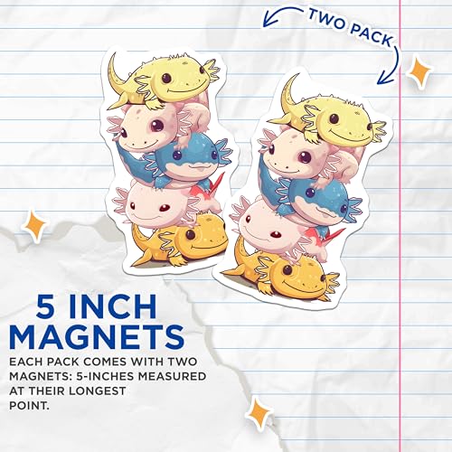(2 Pack) Cute Axolotl Magnets - Adorable Animal Art - Fun Refrigerator Decoration - 5" On Longest Side - for Cars, Fridges, Toolboxes - Made in USA - MAG7787