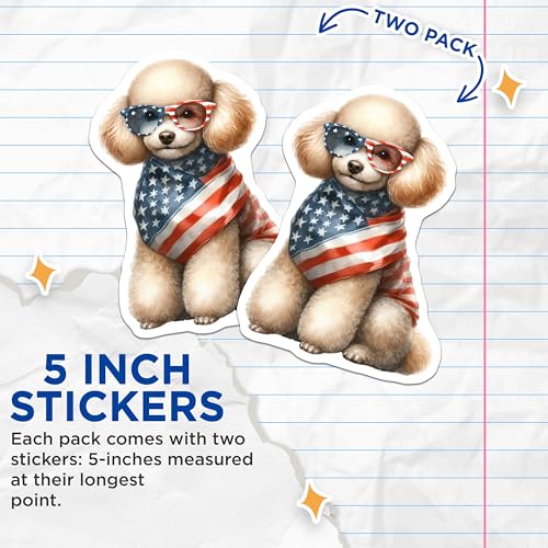 (2 Pack) Cute Dog Stickers - American Flag - Patriotic Pet Design - 5" On Longest Side - Sticks to Smooth Flat Surfaces - Made in USA - BMCS6541