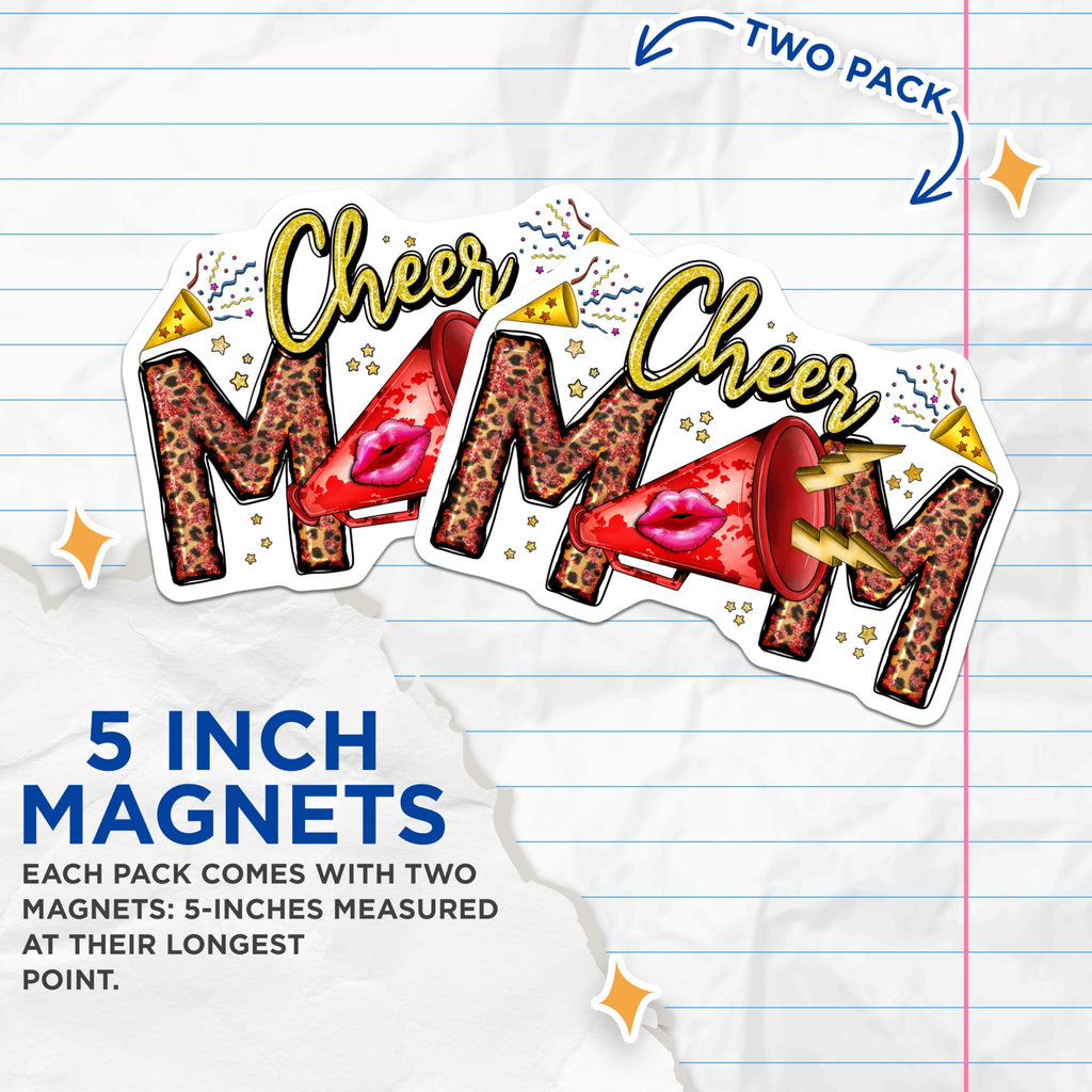 (2 Pack) Cheer Mom Magnets - Leopard Print Glitter Cheerleader Parent Refrigerator Magnets - Team Spirit Mama Appreciation - 5 Inches On Longest Side - Thick Durable Magnet - Made in USA - MAG29623