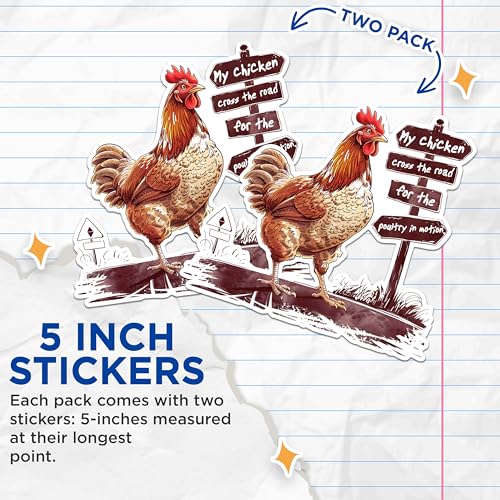 (2 Pack) Funny Chicken Crossing Road Stickers - Humorous Poultry in Motion Stickers - Animal Lover's Sticker - 5" On Longest Side - Sticks to Any Smooth Flat Surface - Made in USA - BMCS2604