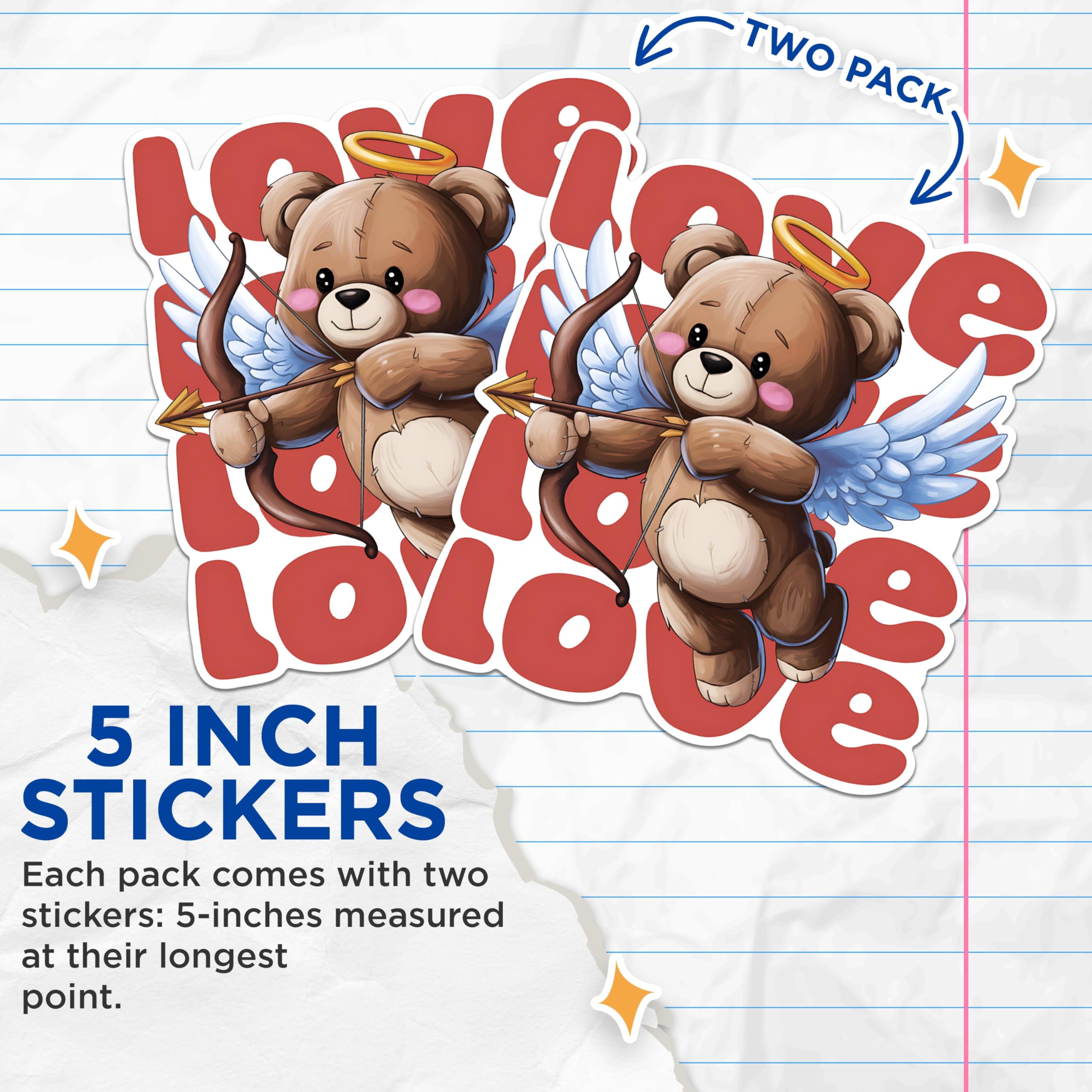 (2 Pack) Cute Teddy Bear Cupid Stickers - Love Bear Stickers - Heartfelt Bear Stickers - 5" On Longest Side - Sticks to Any Smooth Flat Surface - Made in USA - BMCS2999