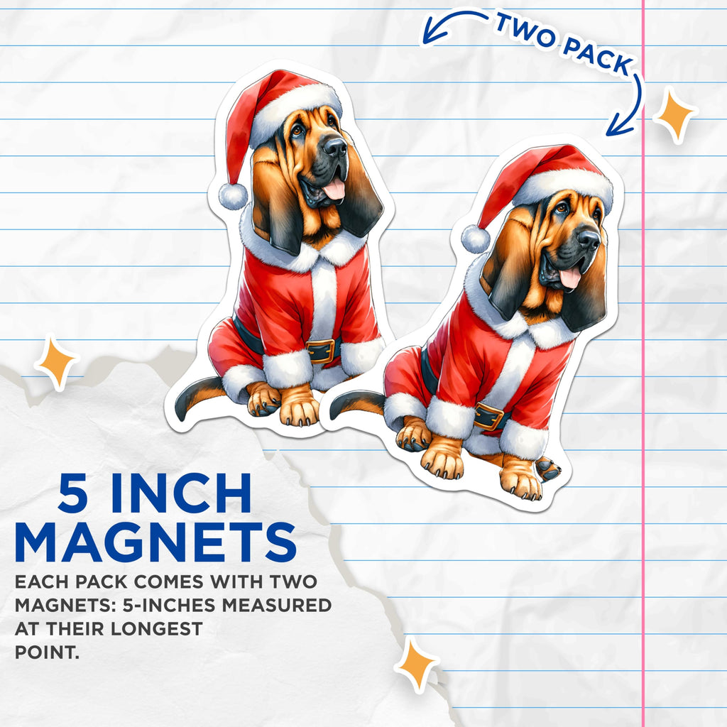 (2 Pack) Bloodhound Santa Magnets - Christmas Dog Decor - Holiday Refrigerator Magnets - Canine Art - 5 Inches On Longest Side - Thick Durable Magnet - Made in USA - MAG23840