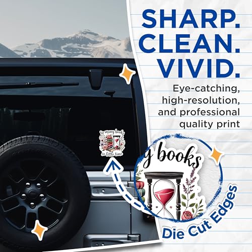 (2 Pack) So Many Books So Little Time Stickers - Flower and Hourglass Stickers - Stack of Books Stickers - 5" On Longest Side - Sticks to Any Smooth Flat Surface - Made in USA - BMCS2751