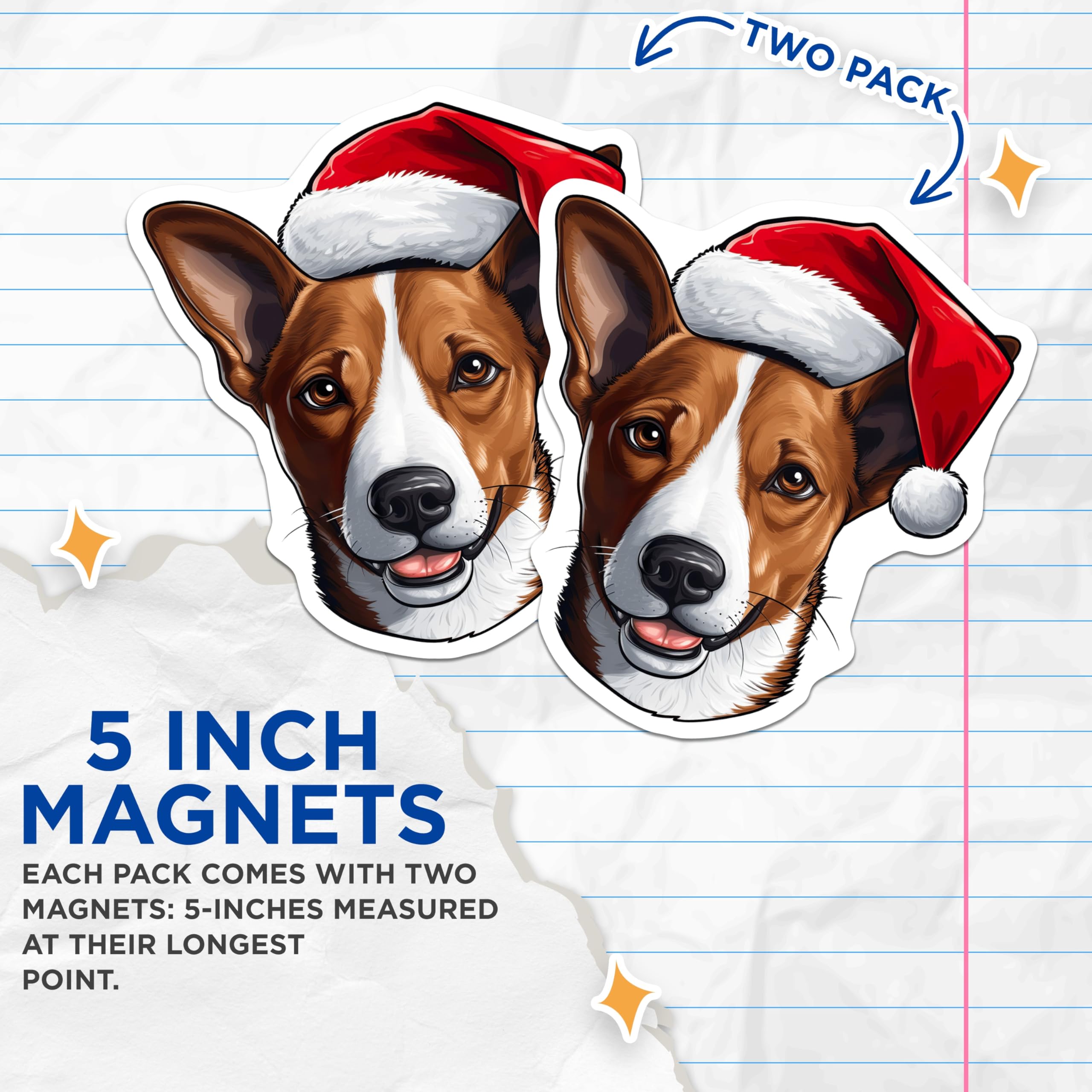 (2 Pack) Christmas Dog Magnets - Santa Hat Basenji Magnets - Festive Holiday Pet Decor - Animal Lover Collectibles - 5 Inches On Longest Side - Thick Durable Magnet - Made in USA - MAG23970