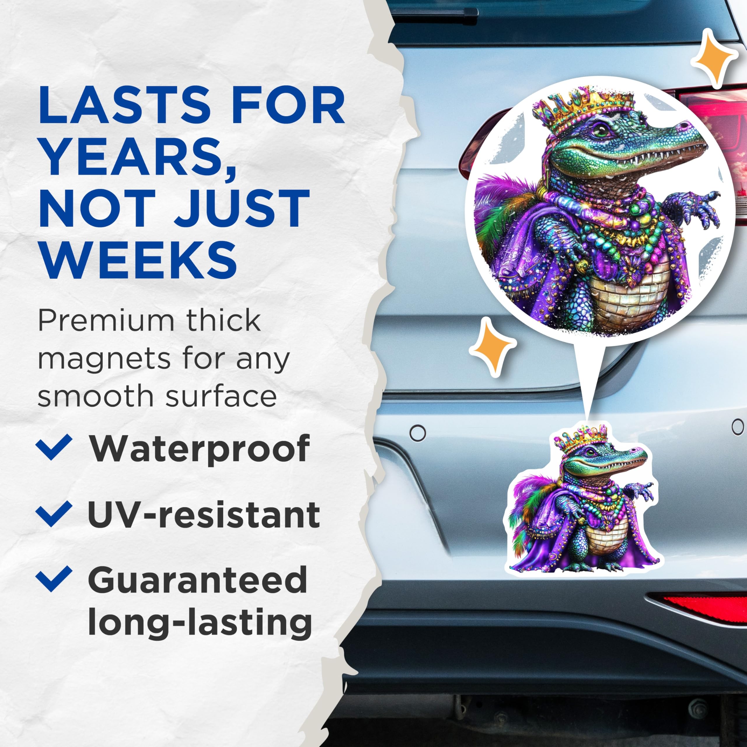 (2 Pack) Mardi Gras Alligator Magnets - King Gator Decor - Festive Fridge Art - 5" On Longest Side - Premium Magnet - for Cars, Refrigerators, Toolboxes, Lockers - Made in USA - MAG15833