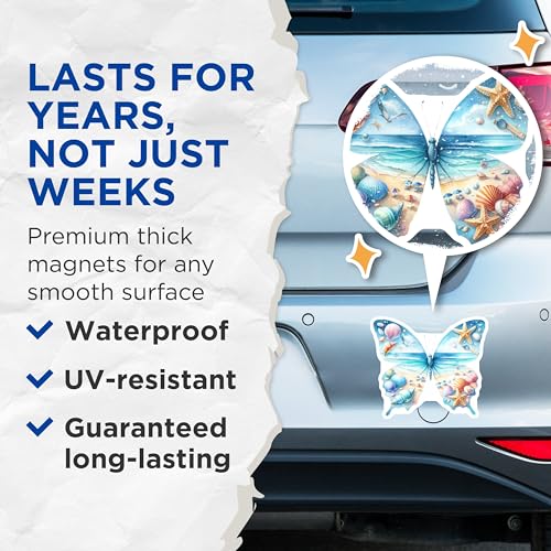 (2 Pack) Butterfly Ocean Beach Scene Magnets - Sea Life Butterfly Decor - Coastal Shells Starfish Magnets - 5" On Longest Side - for Cars, Fridges, Toolboxes - Made in USA - MAG7076
