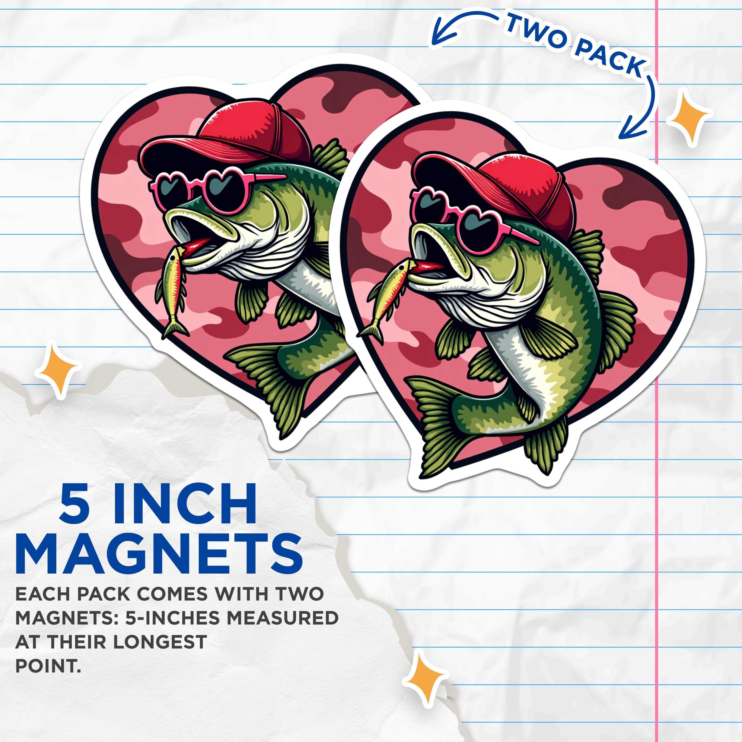 (2 Pack) Cool Bass Fish Magnets - Pink Camo Heart Angler - Funny Fisherman Refrigerator Decor - 5 Inches On Longest Side - Thick Durable Magnet - Made in USA - MAG37878