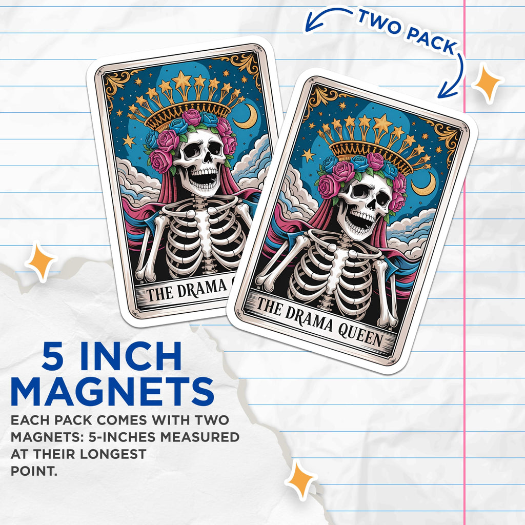 (2 Pack) Drama Queen Skull Magnets - Tarot Card Skeleton Art - Gothic Rose Crown Celestial Fridge Magnets - 5 Inches On Longest Side - Thick Durable Magnet - Made in USA - MAG21505