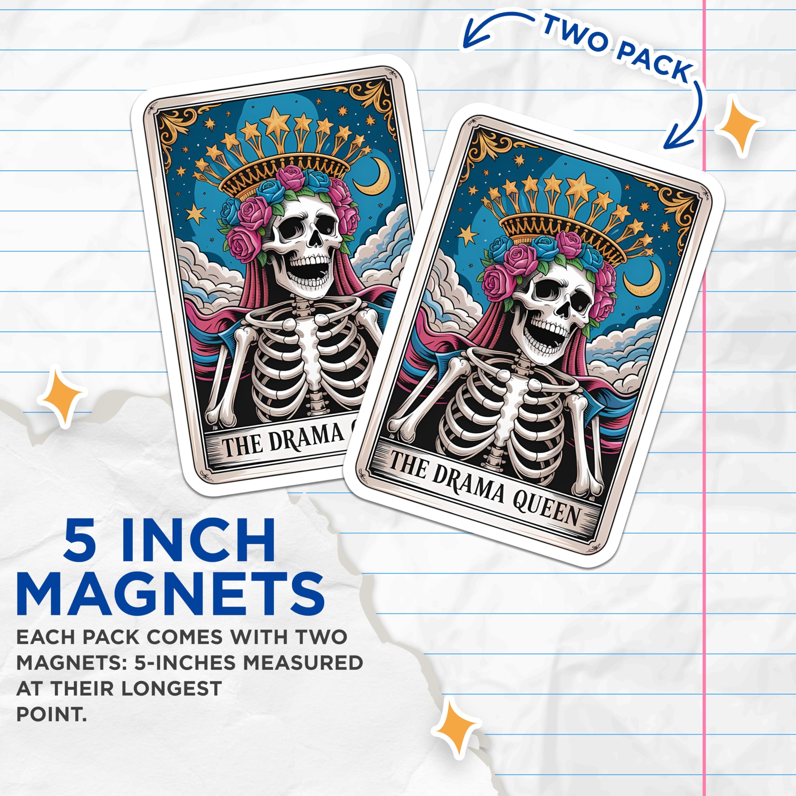 (2 Pack) Drama Queen Skull Magnets - Tarot Card Skeleton Art - Gothic Rose Crown Celestial Fridge Magnets - 5 Inches On Longest Side - Thick Durable Magnet - Made in USA - MAG21505