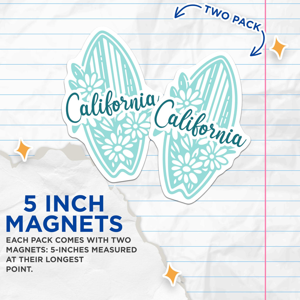 (2 Pack) California Surfboard Magnets - Beach Home Decor - Cali Flower Magnet Set - 5" On Longest Side - Premium Magnet - for Cars, Refrigerators, Toolboxes, Lockers - Made in USA - MAG18532