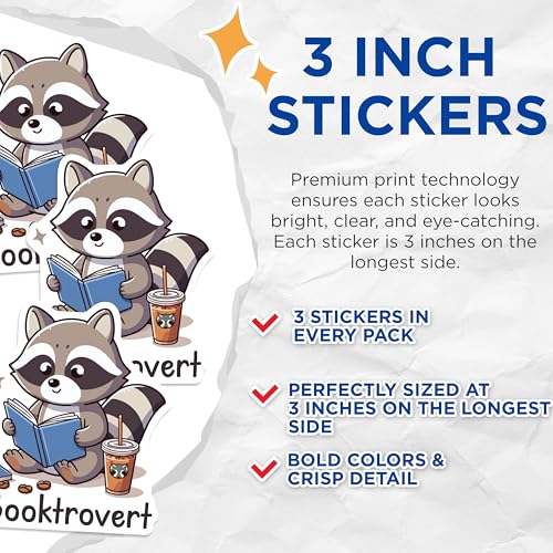 (3 Pack) Booktrovert Raccoon Decals - Reading Raccoon - Coffee Lover - Laptop Decal - 3 Inches On Longest Side - Easy Peel & Apply - Made in USA - 3MCS4983