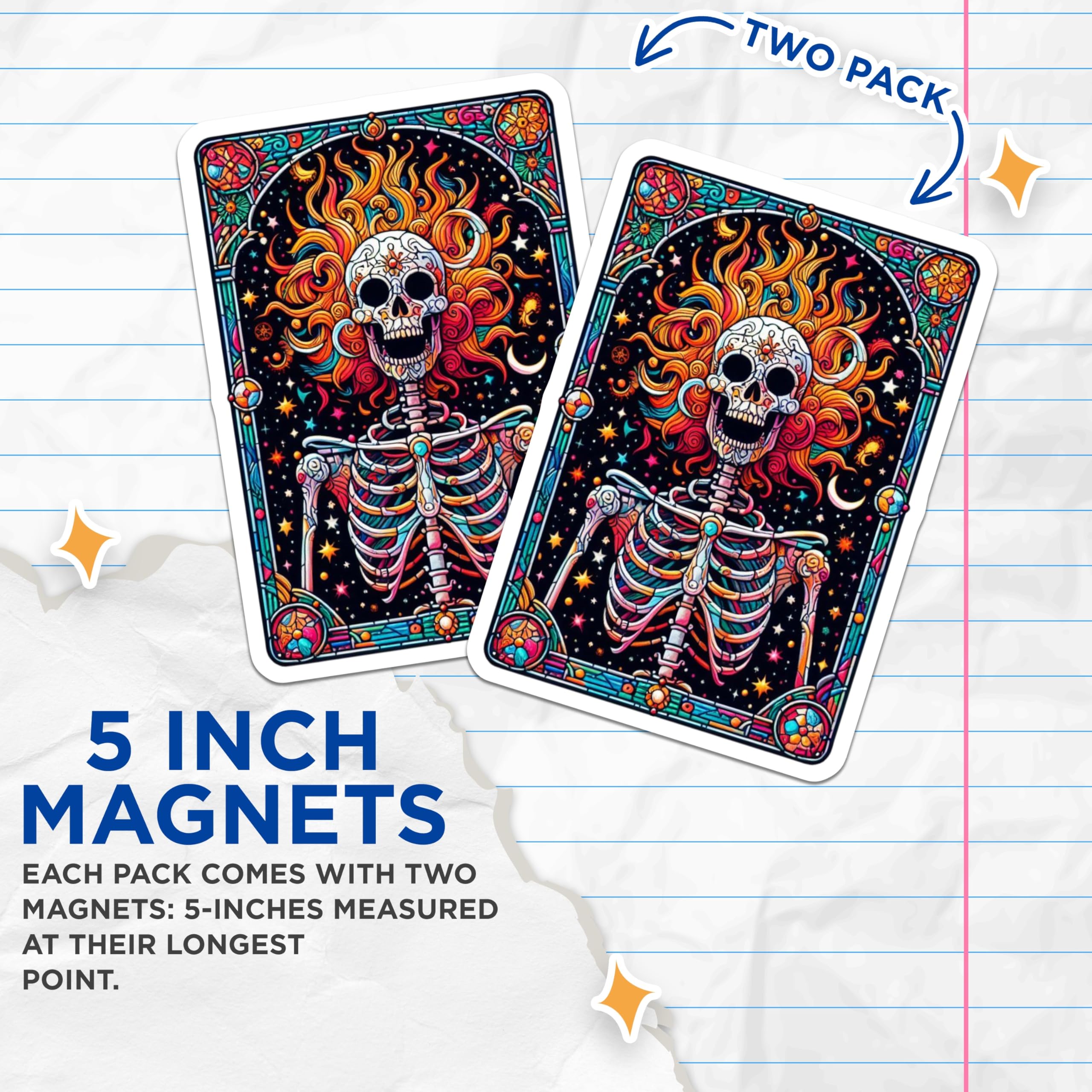 (2 Pack) Stained Glass Skeleton Magnets - Dia de Los Muertos Art - Psychedelic Skull Decor - 5 Inches On Longest Side - Thick Durable Magnet - Made in USA - MAG22424