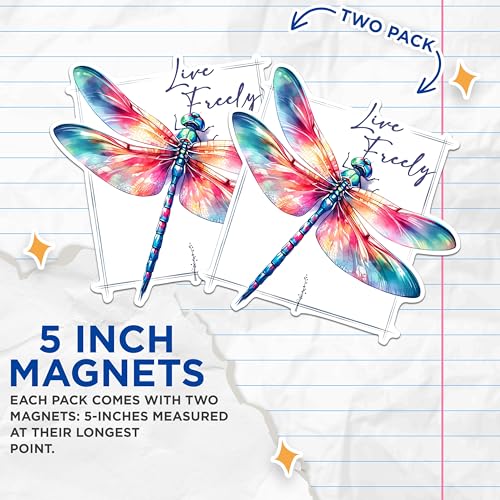 (2 Pack) Dragonfly Quote Magnets - Live Freely Magnets - Colorful Dragonfly Magnets for Art Lovers- 5" On Longest Side - for Fridges, Toolboxes, Cars - Made in USA - MAG2678
