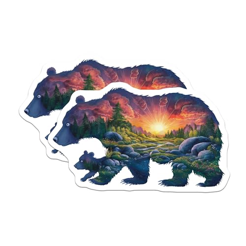 (2 Pack) Bear and Cub Magnets - Sunset Forest Scene - Animal Nature Art - 5" On Longest Side - for Cars, Fridges, Toolboxes - Made in USA - MAG7275
