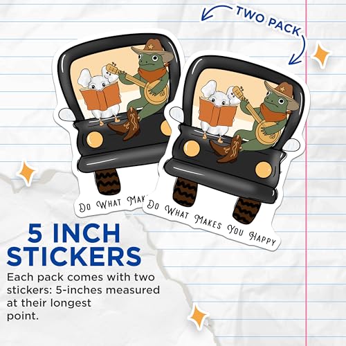 (2 Pack) Do What Makes You Happy Stickers - Inspirational Animal Stickers - Motivational Cute Frog Stickers - 5" On Longest Side - Sticks to Smooth Flat Surfaces - Made in USA - BMCS6670
