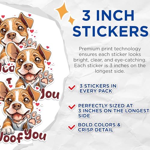 (3 Pack) Dog Love Decals - I Woof You - Puppy Heart Stickers - 3 Inches On Longest Side - Easy Peel & Apply - Made in USA - 3MCS1234