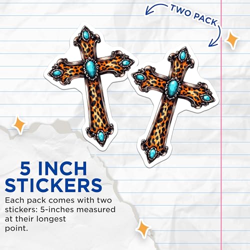 (2 Pack) Leopard Print Cross Stickers - 5" On Longest Side - Sticks to Smooth Flat Surfaces - Made in USA - BMCS8731 - BMCS8731