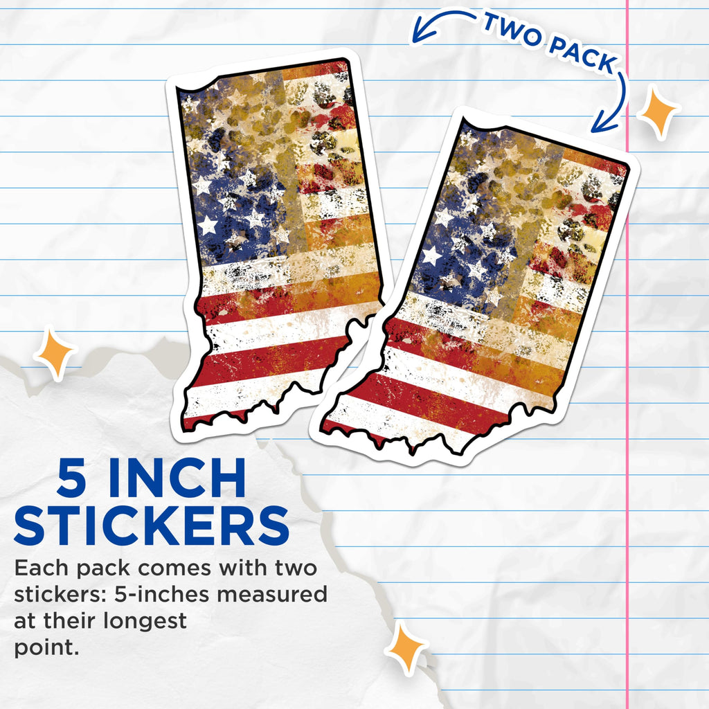 (2 Pack) Indiana Flag Stickers - Distressed American Flag - State Pride Decals - 5" On Longest Side - Sticks to Smooth Flat Surfaces - Made in USA - BMCS17312