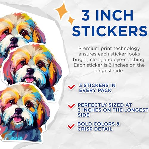 (3 Pack) Shih Tzu Decals - Colorful Dog Decals - Laptop Decal - 3 Inches On Longest Side - Easy Peel & Apply - Made in USA - 3MCS0769