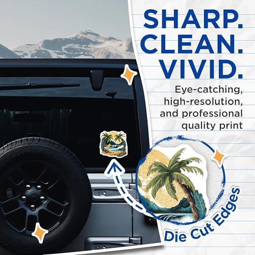 (2 Pack) Surfing Beach Paradise Stickers - Tropical Palm Tree Decal - Ocean Wave Surfboard Art - 5" On Longest Side - Sticks to Smooth Flat Surfaces - Made in USA - BMCS9260