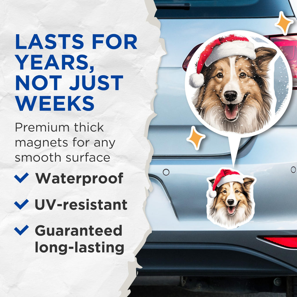 (2 Pack) Christmas Sheltie Magnets - Santa Hat Dog Collie Decoration - Festive Pet Lover Refrigerator Accessory - 5 Inches On Longest Side - Thick Durable Magnet - Made in USA - MAG23742